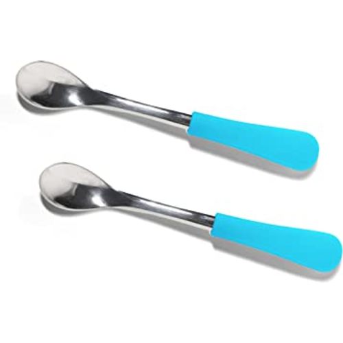 Avanchy Infant Baby Spoons Stainless Steel and Silicone Set, Self Feeding Food Utensils, 4 Months Baby Led Weaning, 2 Pack, Blue