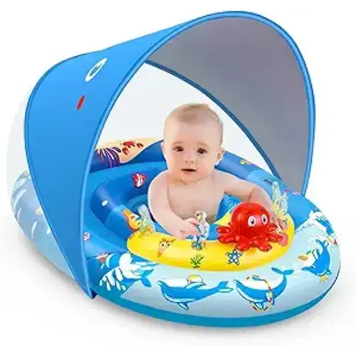 EZIGO Baby Pool Float with Canopy UPF50+ Sun Protection, Inflatable Kids Pool Floats with Ocean Animal Toys for Baby 6-36 Months, Infant Swimming Float with Adjustable Safety Seat for Boys Girls