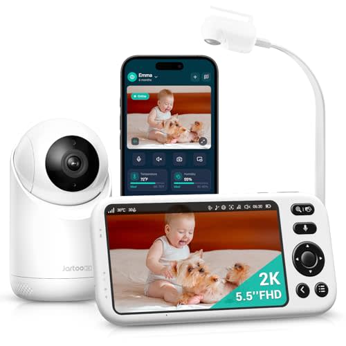 Jartoo Smart Baby Monitor with 2K Camera & Mount, 5.5" Screen, Hybrid Wi-Fi and No Wi-Fi Connection, Long Range, AI-Powered Detection, Free App & 24/7 Recording, ANR