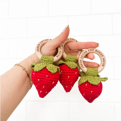 Jesus Loves You Berry Much Strawberry Knitted Teether Rattle