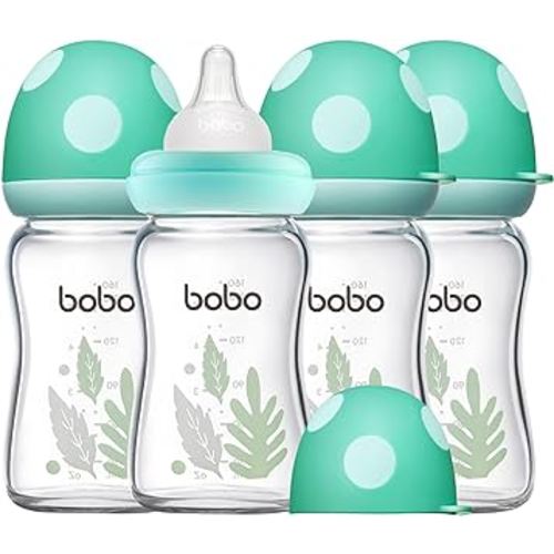 YOHKOH Natural Glass Baby Bottle with Natural Response Nipple, Newborn Anti-Colic Baby Bottles, Wide Neck Mushroom Cap Baby Bottle, Clear ((5.4oz (Pack of 4), Blue-A)