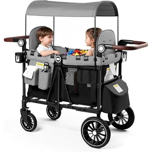 Kinder King Wagon Stroller for 2 Kids, All-Terrain Foldable Outdoor Stroller Wagon 2 Seater, Removable Canopy, Adjustable Handle, Shock-Absorbing Wheel, Detachable Tray, Large Storage, Black&Grey