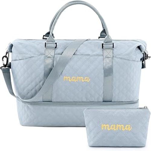 Mama Hospital Bag for Women Labor Delivery Travel Duffle Bag with Shoe Compartment and Toiletry Pouch Waterproof Letter Embroidered for Pregnancy Weekender Overnight Gym Gift, Blue
