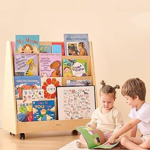 4-Tier Kids Bookshelf, Double-Sided Book Shelf for Kids Rooms, Toddler Book Rack Organizer with Wheels, Wooden Montessori Bookshelf & Book Storage Display for Classroom, Preschool, Nursery