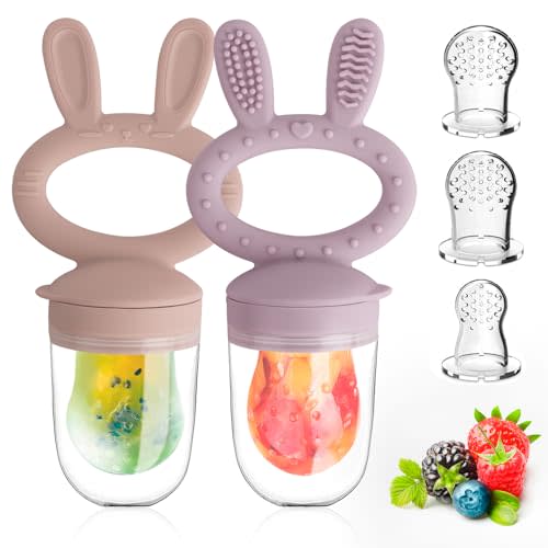Baby Solids/Frozen Fruit Feeder Pacifier, Infant Teether Toy 4M+, BPA-Free Silicone Pouch & Nipple, Safely Introduce Solids, Teething Relief, 2-Pack (Rabbit - Pink Purple, S/M/L)