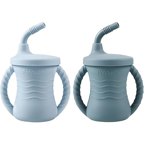 PandaEar Silicone Training Cup, 2 Pack Baby Drinking Sippy Cups with Handles & Straw for Baby and Toddler 6 Months+ (Dark Blue/Light Blue)