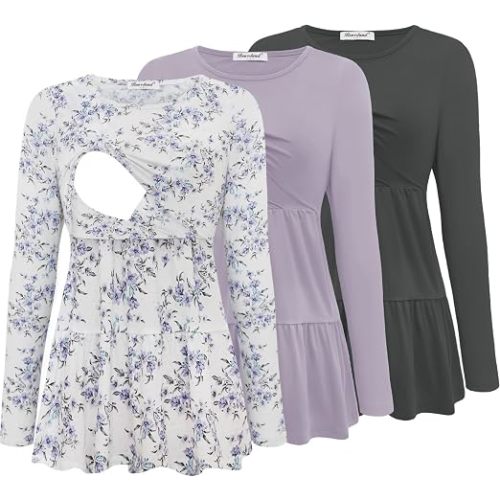 Bearsland Women’s Nursing Top 3pack Long Sleeve Scoop Neck Breastfeeding Shirts Nursing Shirt