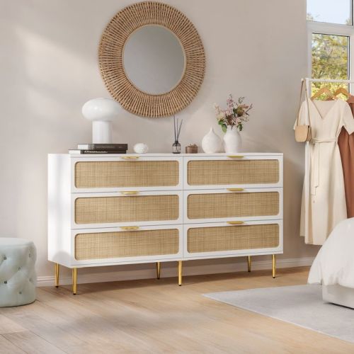 Rattan 6 Drawer Dressers for with Wide Top, Long Wooden Dresser for Living Room, Hallway, Kids Room, White