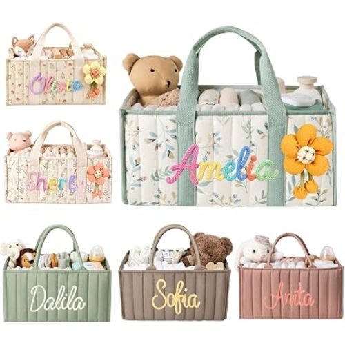 Organizador de pañales de bebé con nombre personalizado, cestas de regalo de ducha de almacenamiento, bolsa de pañales plegable personalizada para niños y niñas, artículos esenciales para