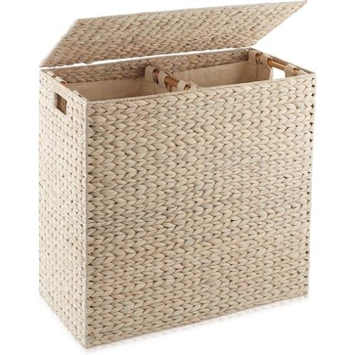 Casafield 2-Section Laundry Hamper with Removable Liner Bags - Whitewash White, Woven Water Hyacinth Double Laundry Basket Sorter for Clothes