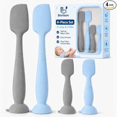 4-Pack Diaper Cream Spatula – Soft-Flex Silicone Butt Spatula for Babies, 2 Large & 2 Mini with Travel Case, Gentle Yet Firm Tip for Smooth, Even Diaper Rash Cream Application, Newborn Baby Essential