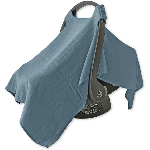 MOZAH 100% Organic Muslin Baby Carrier Cover Car Seat Cover Baby Boy Car Seat Cover Baby Carseat Cover (Blue Mirage)
