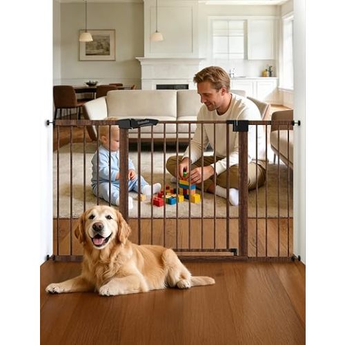 Babelio Metal Auto Close Baby Gate PressGuard, 29"-55" Extra Wide Pet Gate for The House and Doorways, Pressure Mounted Walk Thru Child Gate with Door, Black Wood Pattern, 30" Tall