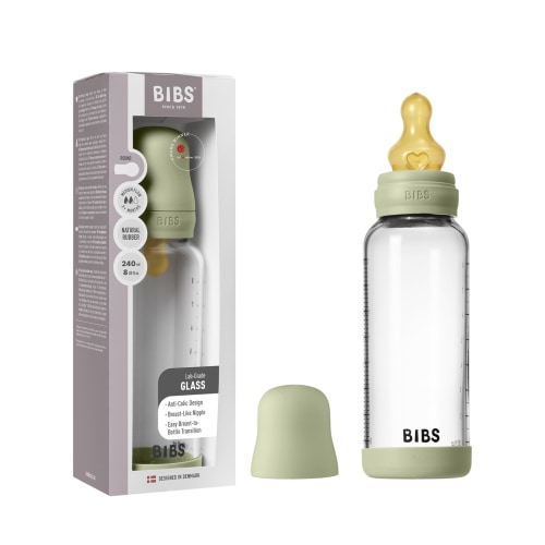 Glass Baby Bottle with Natural Rubber Nipple Set - Medium Flow 2+ Months