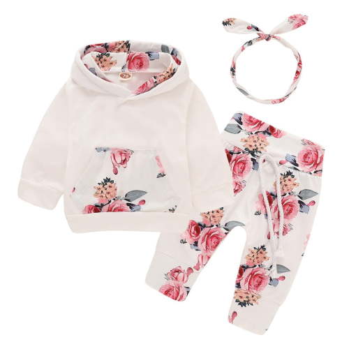 3 Months Baby Girls Clothes 6 Months Girls 3PCS Fall Winter Outfits Flower Print Infant Girls Long Sleeve Hoodie Top Pants Headband Set White