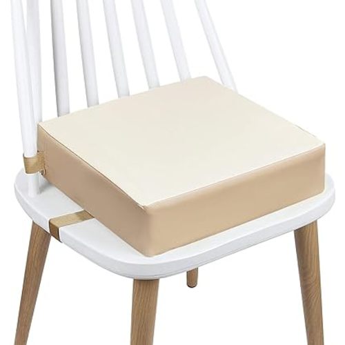 Toddler Booster Seat Dining, Washable 2 Straps Safety Buckle Kids Booster Seat for Dining Table, Portable Travel Increasing Cushion (Beige-PU)