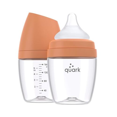 BuubiBottle Mini Slow Flow Bottle for Newborn Babies by Quark - with Anti-Colic RealFeel Nipple to Simulate Breastfeeding - BPA-Free, PVC-Free, Toxin-Free - 5 Oz Bottle with Lid, 2 Pack - Orange