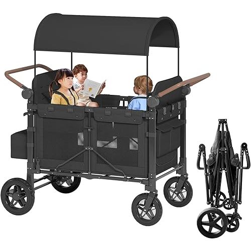 TABU 4 Seater Foldable Stroller Wagon with Removable Sun-Proof Canopy, Collapsible Premium All Terrain Wagon with Storage Bag, Adjustable Handle & 5-Point Harnesses for Travel, Beach, Camping