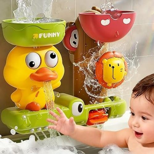Bath Toys for Toddlers 1-3 with 3 Strong Suction Cups, Interactive Squirting Duck & Spinning Lion Water Toys for Bathtub Fun, Ideal Christmas Shower Gift for Boys & Girls 18M+