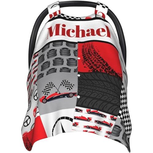 Personalized Baby Car Seat Canopy for Babies, Custom Name Race Car Baby Car Seat Covers for Boys Girls, Opening Minky Nursing Breastfeeding Cover for Infant, Carseat Canopies for Newborn