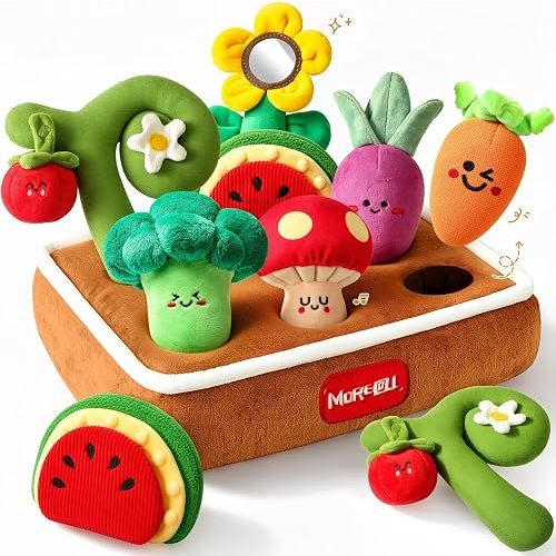 MORECOLL Fruit & Veggie Baby Sensory Plush Set, Baby Toys 6-12 Months, Garden Plush Toys with Rattle, Crinkle, Squeak, Mirror, Pull, Match & Plant Play, Montessori Baby Gift for Boys Girl Infant