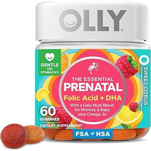 OLLY Prenatal Multivitamin Gummy, Supports Healthy Growth and Brain Development, Folic Acid, Vitamin D, Omega 3 DHA, Chewable Supplement, Citrus Berry Flavor, 30 Day Supply - 60 Count