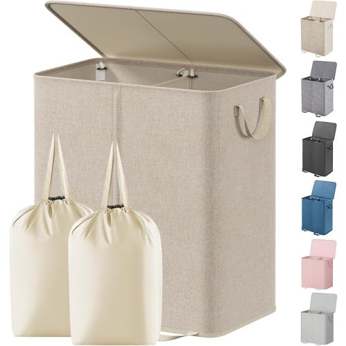 Lifewit Double Laundry Hamper with Lid and Removable Laundry Bags, Large Collapsible 2 Dividers Dirty Clothes Basket with Handles for Bedroom Laundry Room Closet Bathroom College, 155L Beige
