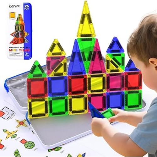 Mini Magnetic Tiles Travel Set 26pcs, Bold Colors with Portable Iron Case, STEM Kids Travel Activities Toys Ages 4-8, Airplane Toys for Toddlers 3-5