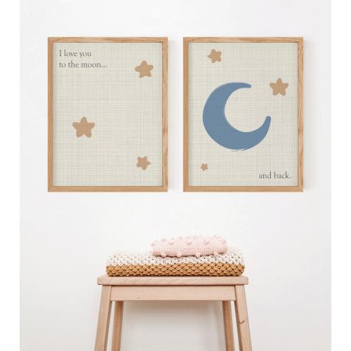 I love you to the moon and back Set of 2 Nursery Prints, Nursery Wall Art, Moon Artwork, Star Nursery Artwork, Boho Nursery Artwork, Neutral