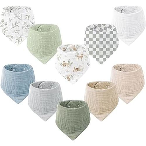 Konssy 10 pack baby muslin bandana bibs for drooling and teething | 100% Organic Cotton Bibs for Boy Girl, Soft Absorbent 6-Layer Thick Cloth, Pre-Washed Less Shrinkage, Newborn Infant Toddler