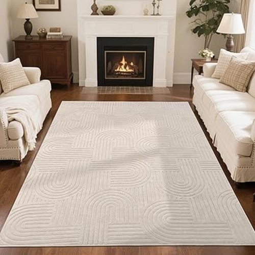 SHACOS Soft Cozy Fluffy Arch Pattern High-Low Pile Area Rugs 6'x9' Large Non Slip Washable Modern Geometric Rug Scandinavian Minimalist Carpet for Living Room Bedroom Dining Room, Beige
