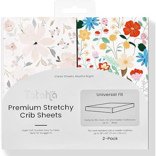 TotAha Floral Crib Sheets 2-Pack, Hypoallergenic, Silky Comfort, Buttery Soft, Calming Effect, All-Season Jersey-Knit Pink Flower Baby Sheets, Premium Stretchy 9'' Extra Deep Pocket