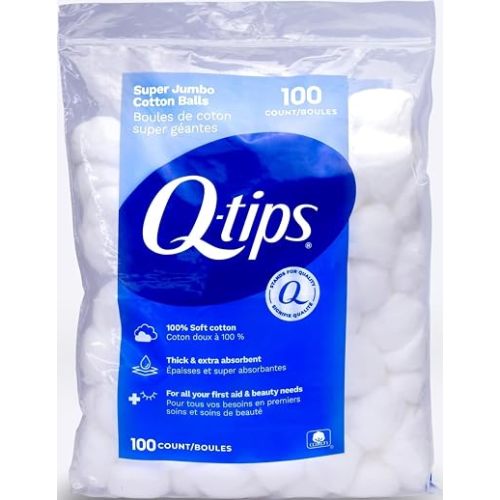 Q-Tips Super Jumbo Cotton Balls for Beauty, First Aid and Baby Care, 100% Thick Cotton, 100 Count