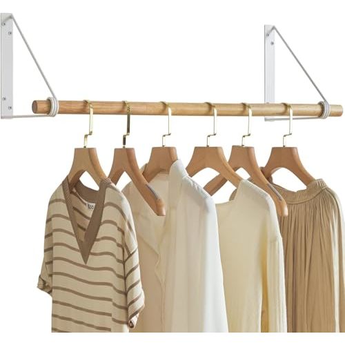 IBUYKE Wall Mounted Clothes Rack, Wood Wall Mounted Clothes Rail, Space-Saving Hanging Closet Rod, Modern Wardrobe Coat Rack for Entrance, Wall, Door, Bathroom, Bedroom, White TYJ005W