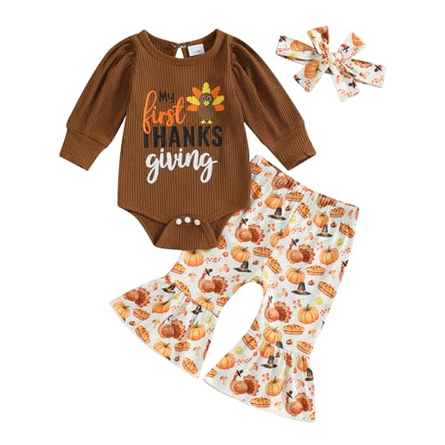 BULINGNA Newborn Baby Girl My First Thanksgiving Outfit Set Ribbed Romper Bodysuit Pumpkin Turkey Flared Pants with Headband