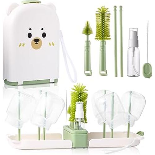 Baby Bottle Cleaner Brush Set Bottle Cleaner Brush Set Portable Bottle Cleaning Kit Set Silicone Brush, Nipple Brush, Straw Brush, Dispense Detergent Dispenser, Drying Rack - 6 in 1
