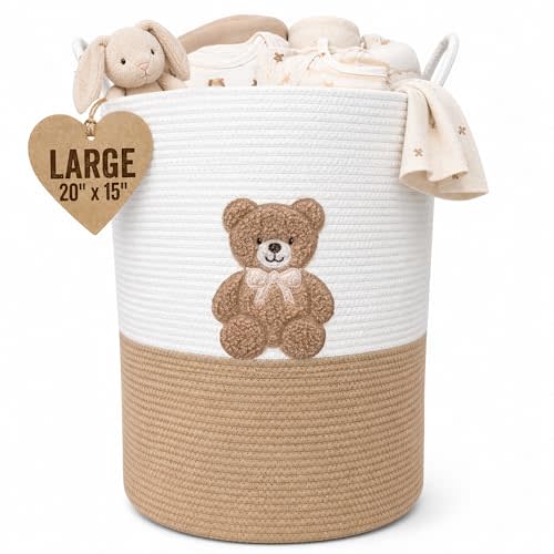 Teddy Bear Large Laundry Hamper for Nursery – 20"x15" Cotton Rope Woven Basket with Handles – Baby Clothes Hamper, Blanket Storage, Stuffed Animal Organizer – Gender Neutral Nursery Decor