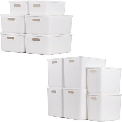 DOUKE 12-Pack White Plastic Storage Bins with Lids for Organizing