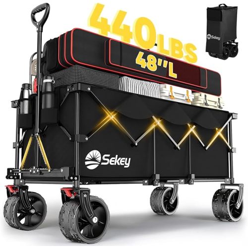 Sekey 48''L Collapsible Foldable Extended Wagon with 440lbs Weight Capacity, Heavy Duty 300L Folding Utility Garden Cart with Big All-Terrain Beach Wheels & Drink Holders. Black