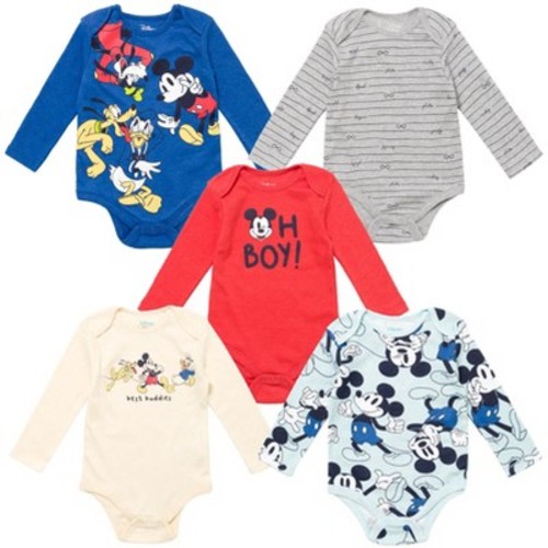 Disney Mickey Mouse Goofy Donald Duck Pluto Newborn Baby Boys 5 Pack Bodysuits 0-3 Months