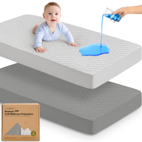 2-Pack Waterproof Crib Mattress Protector Cover Fitted - Quiet Baby Crib Mattress Pad Sheets, 52" x 28" Soft Quilted Cotton Baby Sheet, Machine Washable, Easy Fit, Durable (Granite/Mavy)