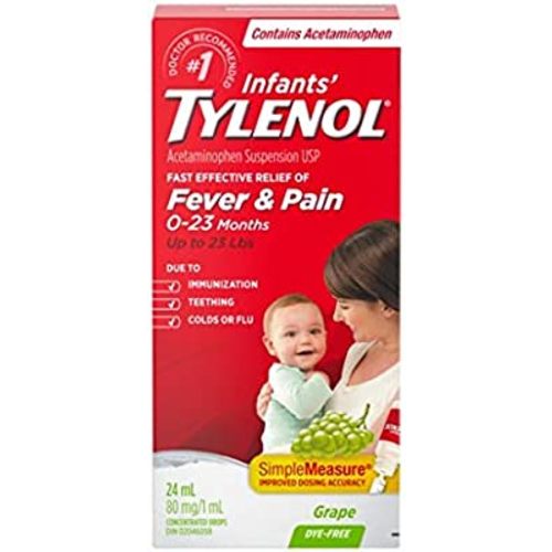 Tylenol Infant Fever, Teething and Pain Reliever for Baby, Grape Suspension Medicine, 24mL