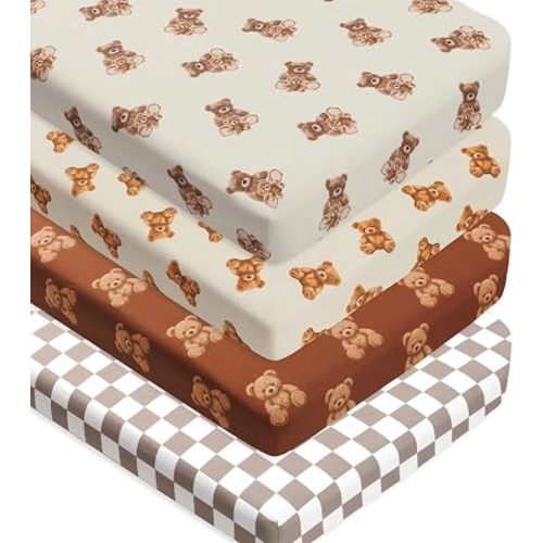 4 Pack Bear Baby Sheets Neutral Unisex Fitted Checked Nursery Baby Sheet Set Toddler Mattress Sheets for Boys or Girls (Crib Sheets)