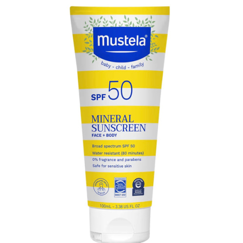 Mustela Baby Mineral Sunscreen Lotion SPF 50 Broad Spectrum - Face & Body Sun Lotion for Sensitive Skin - Water Resistant & Fragrance Free - Regular & Family Size