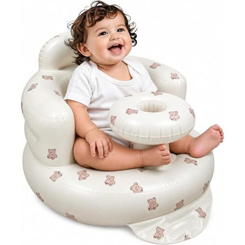 Inflatable Baby Seat for Babies 3-36 Months, Baby Chair with Fence & Built in Air Pump, Blow Up Floor Baby Seat with Back Support, Inflatable Baby Chair Sit Me Up for Home Bear-Tray