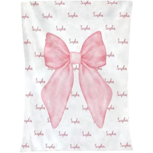 Personalized Bow Blanket, Custom Baby Girl Blankets with Name, Personalized Babys Name Throw, Pink Bow Baby Blankets Gift, Nursery Throw 1St Birthday Gift