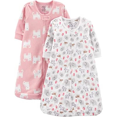 Simple Joys by Carter's Unisex Babies' Microfleece Sleepbag Wearable Blanket, Pack of 2, Pink Cat/White Animal, 0-3 Months