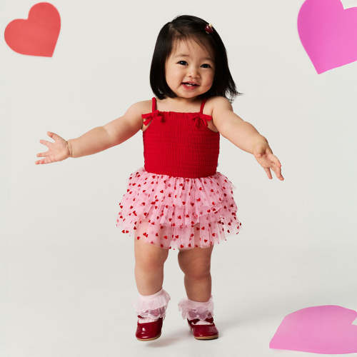 Red Heart Smocked Tulle Bodysuit Dress