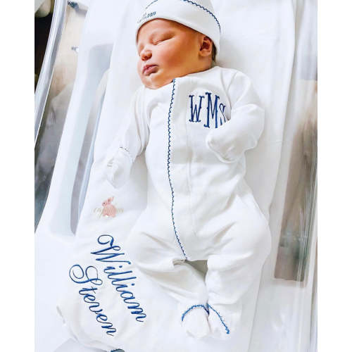 White with Dark French Blue - Personalized Baby Coming Home Set – Caprilina
