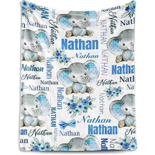 Personalized Blanket with Name, Custom Elephant Blanket for Baby, Flannel Throw Blankets for Boys Girls Easter Funny Gifts, Personalized Baby Gifts for Infant Newborn Shower, Printed in USA